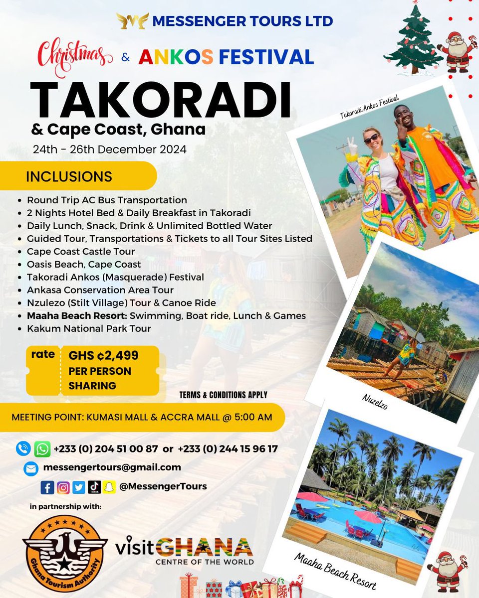 PulseGhana's tweet photo. 🎭✨ Celebrate Christmas and the Ankos Festival in Style!
Join us in Takoradi & Cape Coast for an unforgettable holiday experience.
🌴 Date: 24th–26th December 2024

✅ Cape Coast Castle tour
✅ Takoradi Ankos (Masquerade) Festival
✅ Beach fun, stilt village, nature, and so much more!

💰 Rate: GHS 2,499 (Per Person Sharing)
📍 Meeting Points: Kumasi Mall & Accra Mall

📩 Book now and make your holidays magical!

#FeatureByMessengerTours