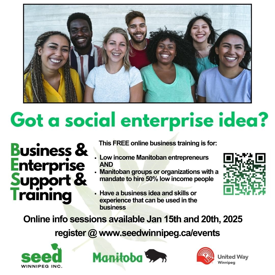 SEED Winnipeg Inc. (@seedwinnipeg) on Twitter photo SEED Winnipeg's BEST training offers free online training and business consulting. Register for an online info session to learn how to apply. seedwinnipeg.ca/events/
info session dates: Jan 15 or Jan 20, 2025 SEED Winnipeg's BEST training offers free online training and business consulting. Register for an online info session to learn how to apply. seedwinnipeg.ca/events/
info session dates: Jan 15 or Jan 20, 2025