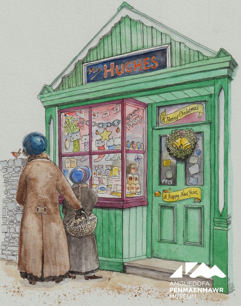 The 3rd in our series of interpretive illustrations of Penmaenmawr's shops. This time it's 1901 and we're at Miss Winnie Hughes' Sweet Shop on Conwy Old Road. It was a small wooden structure with a tin roof, situated in a clearing opposite Eden Hall Gardens.