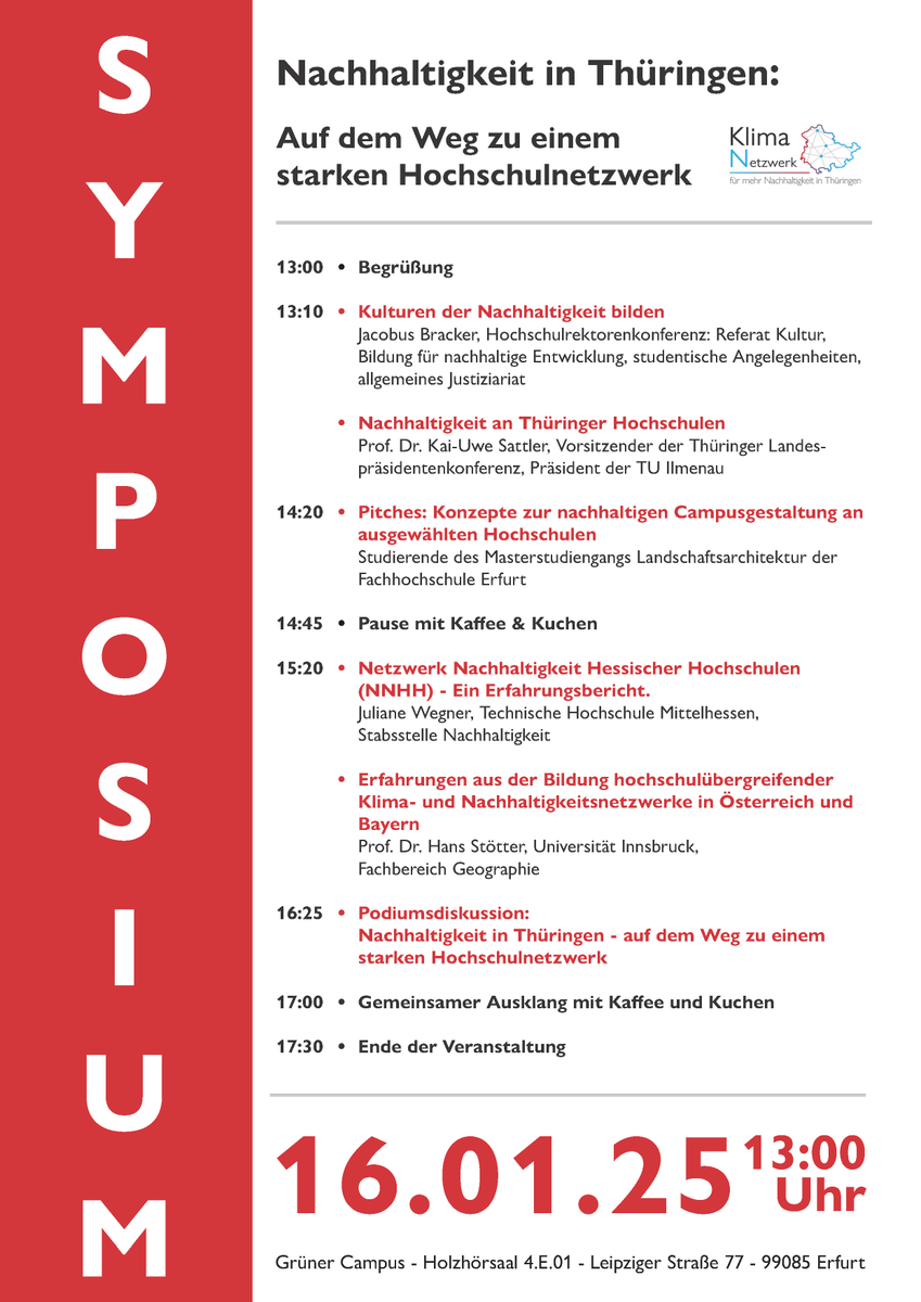 Klima_Netzwerk's tweet image. Symposium: Thuringian joint project “Klima-N - Network for more sustainability at universities in Thuringia”  

#Sustainability  at universities in #Thuringia - Towards a strong #university network  

January 16, 2025  

Green Campus of the University of Applied Sciences #Erfurt