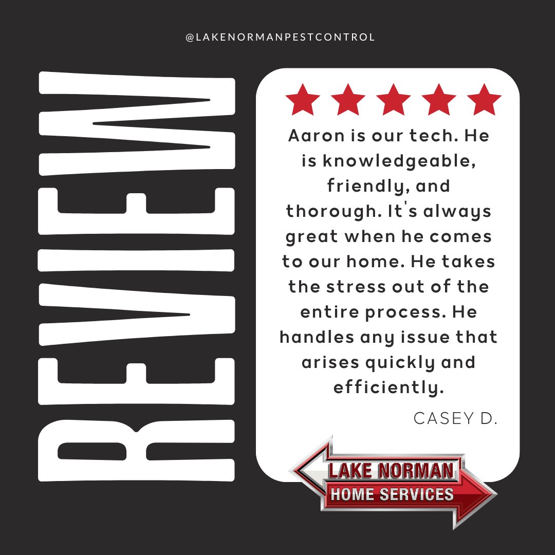 Thank you for being such a valued Lake Norman customer and for sharing your positive experience! It's our privilege to serve your home, and we're grateful for your trust in our team. #LakeNormanFamily #PestControl #CustomerAppreciation