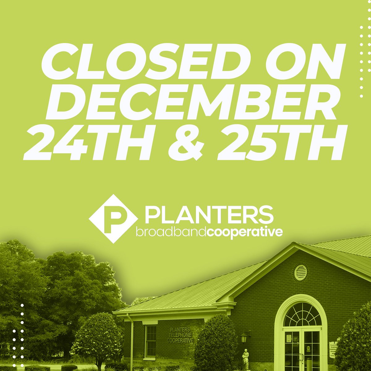 planterstelco's tweet photo. 𝐑𝐄𝐌𝐈𝐍𝐃𝐄𝐑:
Planters will be closed on Tuesday, December 24 and Wednesday, December 25, to allow our employees time to spend with their families.

#Planters #PlantersTeam #PlantersBroadband #getconnected #stayconnected https://t.co/hpqGdK7cEa