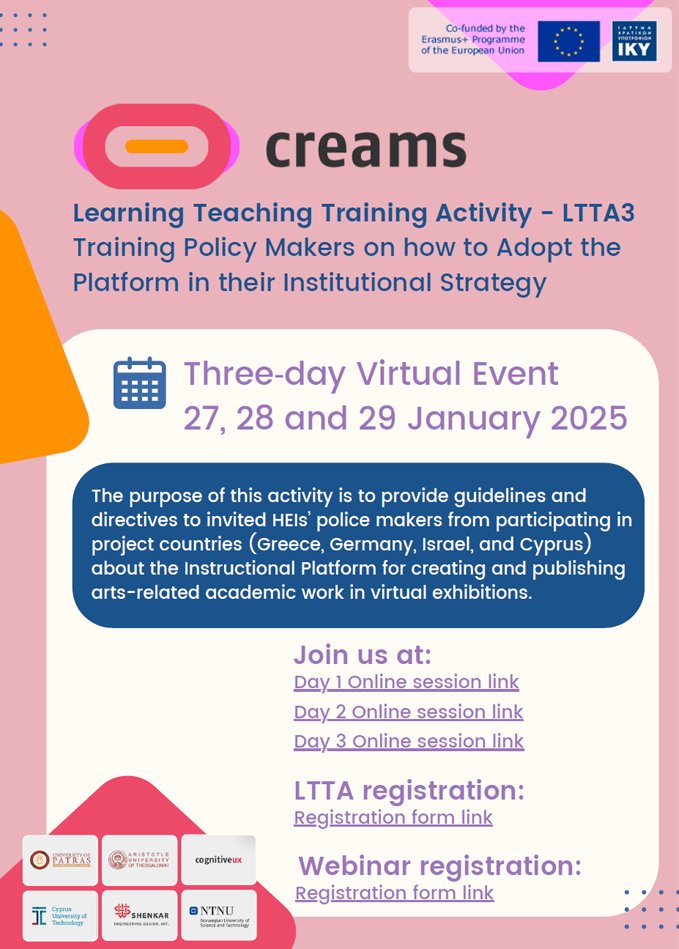 creamsproject's tweet image. On the 27th until the 29th of January 2025, CREAMS will be hosting the third LTTA3 event and the last webinar.

More info about the LTTA3 event - creams-project.eu/ltta3.php

More info about the Webinar event - creams-project.eu/webinar-januar…
