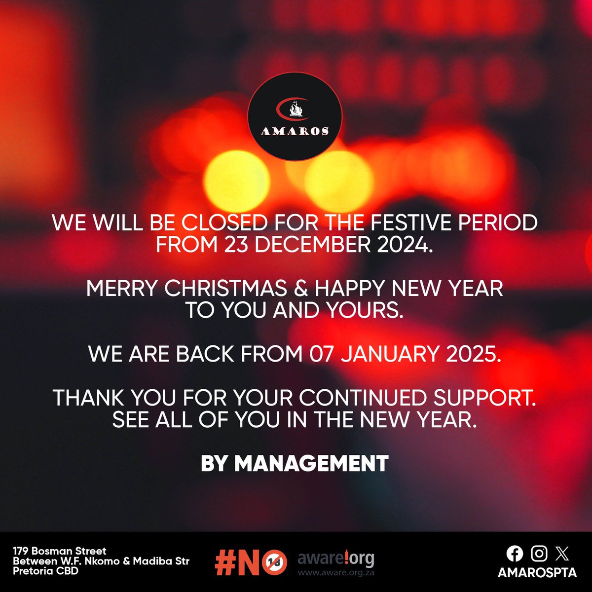 WE WILL BE CLOSED FOR THE FESTIVE PERIOD FROM 23 DECEMBER 2024.

MERRY CHRISTMAS &amp; HAPPY NEW YEAR TO YOU AND YOURS.

WE ARE BACK FROM 07 JANUARY 2025.

THANK YOU FOR YOUR CONTINUED SUPPORT.
SEE ALL OF YOU IN THE NEW YEAR.