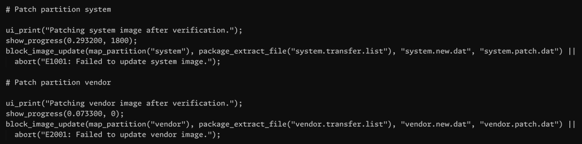 ____M_____P____'s tweet photo. @jaroslawjarosik @sondesix It could be massive under the hood changes. I mean look at this OTA update script from the S24U. It is basically delta updates https://t.co/Pqupej8CMe