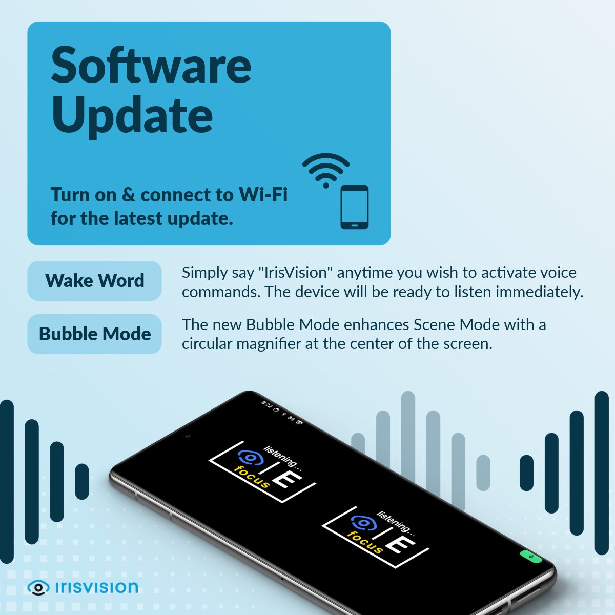 Make sure your device is turned on and connected to Wi-Fi to access these features!

1) Wake Word: Just say “IrisVision” to activate voice commands hands-free!
2) Bubble Mode: Enjoy enhanced Scene Mode with a circular magnifier at the center of your screen.

#LowVision