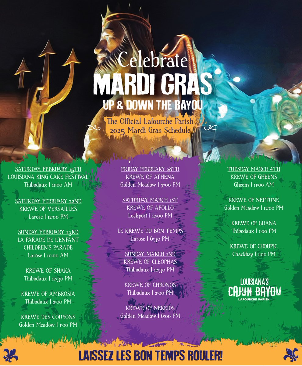 Your Official 2025 Lafourche Parish Mardi Gras Parade Schedule is HERE! 🟣🟢🟡

Laissez Les Bon Temps Rouler ➡️ bit.ly/3nkar2S

#YouGottaTryThis #cajunbayou