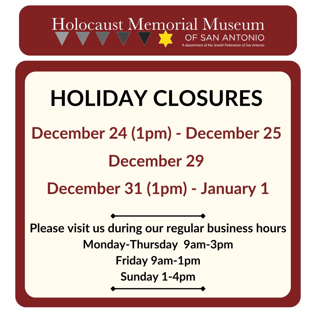 Happy Holidays from the HMMSA!
In observance of upcoming holidays, the Museum will be closed:  December 24 (1pm) - December 25 • December 29 • December 31 (1pm) - January 1
Wishing you and your loved ones a happy holiday season!