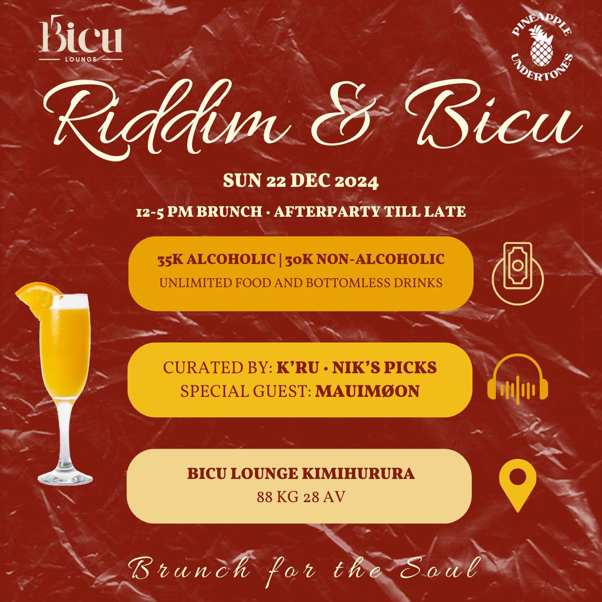 BicuLounge's tweet photo. Bicu Lounge and Pineapple Undertones present to you a special brunch affair this Sunday: “Riddim &amp; Bicu”. ✨
This is for the lovers and the yearners. This is brunch for the soul. ❤️
Curated by @feelgoodkru and @nicorewa, with a special guest performance by @soundsbymaui. 🤩 https://t.co/ClVjNHTtnY