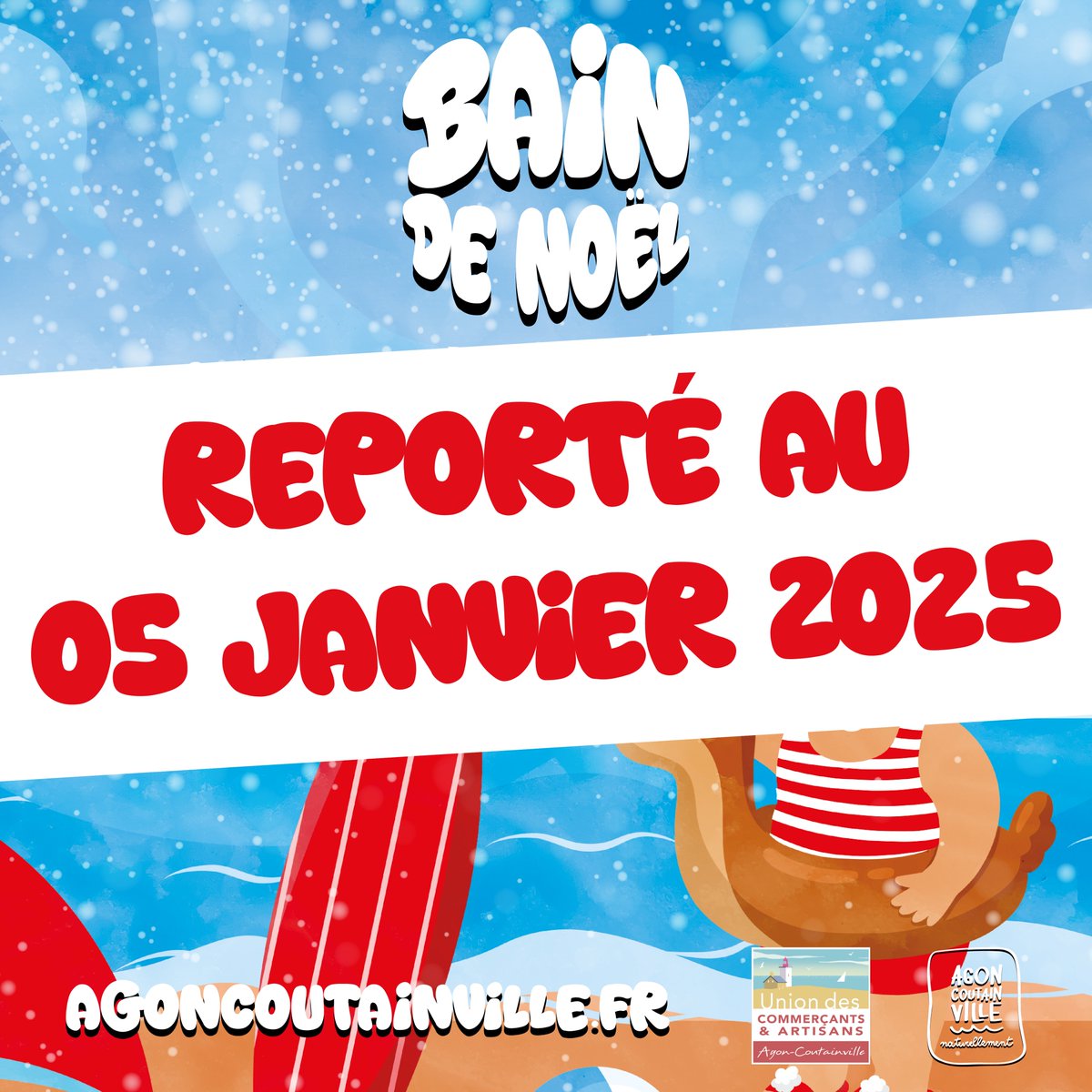 🌊 ANNULATION DU BAIN DE NOËL🌊

[Report du Bain et des balades à poneys]

En raison des conditions météo ne garantissant pas la sécurité des participants, le Bain de Noël et les balades à poney sont reportés au 5 JANVIER 2025, l'Arrivée du Père Noël est annulée.