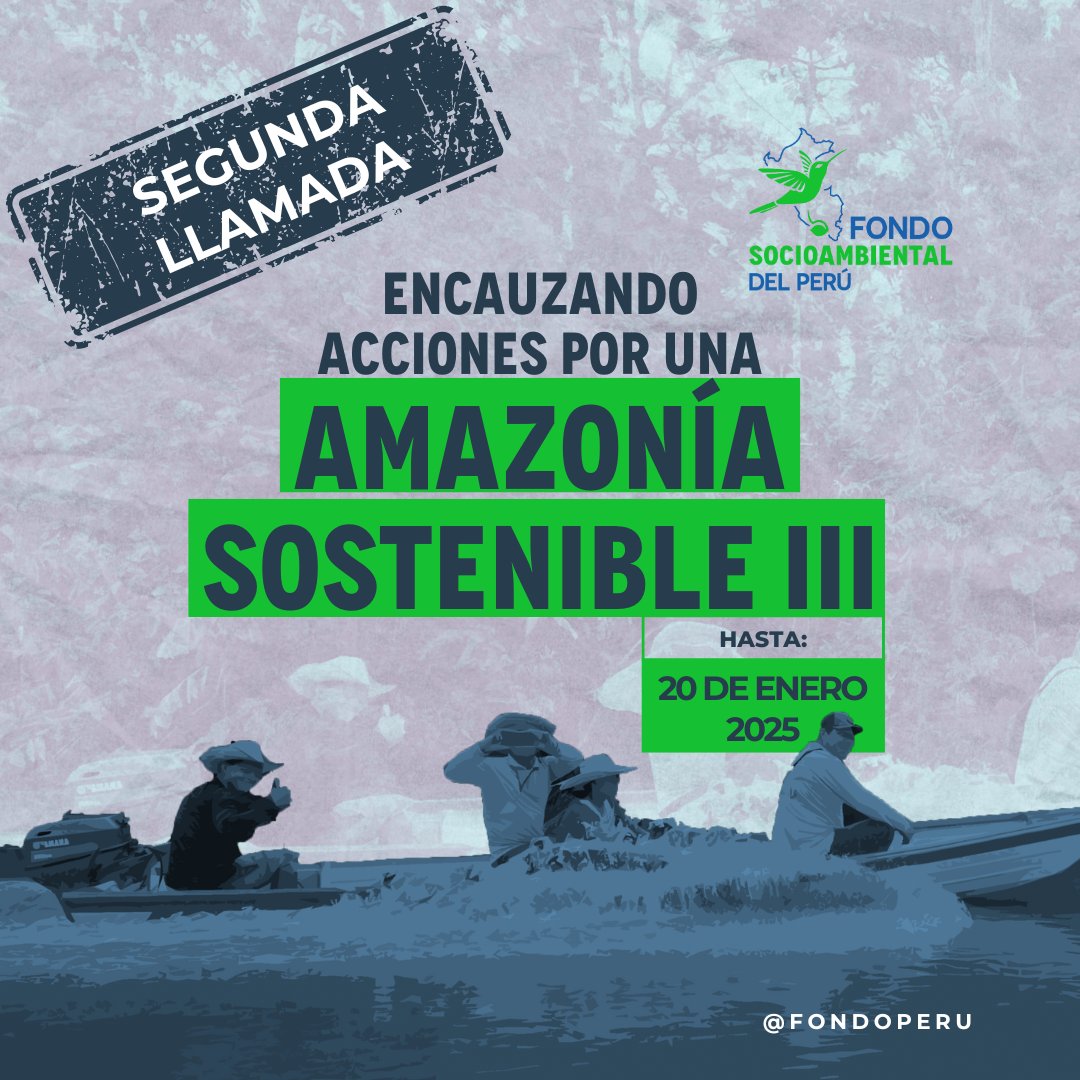 🤝#ApoyoLocal | Hasta el 20 de enero de 2025, estará abierta la 2° llamada de la convocatoria ‘Encauzando acciones colectivas por una Amazonía sostenible III’, para proyectos de desarrollo comunitario.

🔍Bases : acortar.link/b23de2
📩Consúltanos: apoyolocal@fondoperu.org.pe