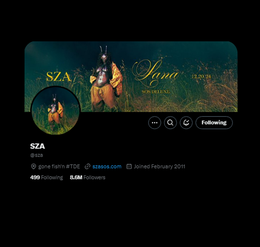 szaonstats's tweet photo. SZA changed her layout on X for the first time since 2020, with the release of “Good Days”.

There is a high chance that “LANA: SOS (Deluxe)” will be released in 1 hour (11AM EST). https://t.co/X6L716fms8