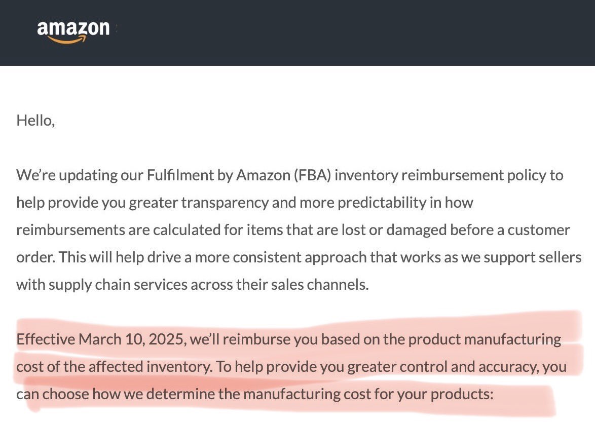 Resale_Pro's tweet image. It seems like bad news after bad news for Amazon sellers.

Effective March of 2025, FBA reimbursements will now be issued based off of manufacturing price of an item.

Also, these decisions are said to be made by an AI algorithm where Amazon has full right of refusal….