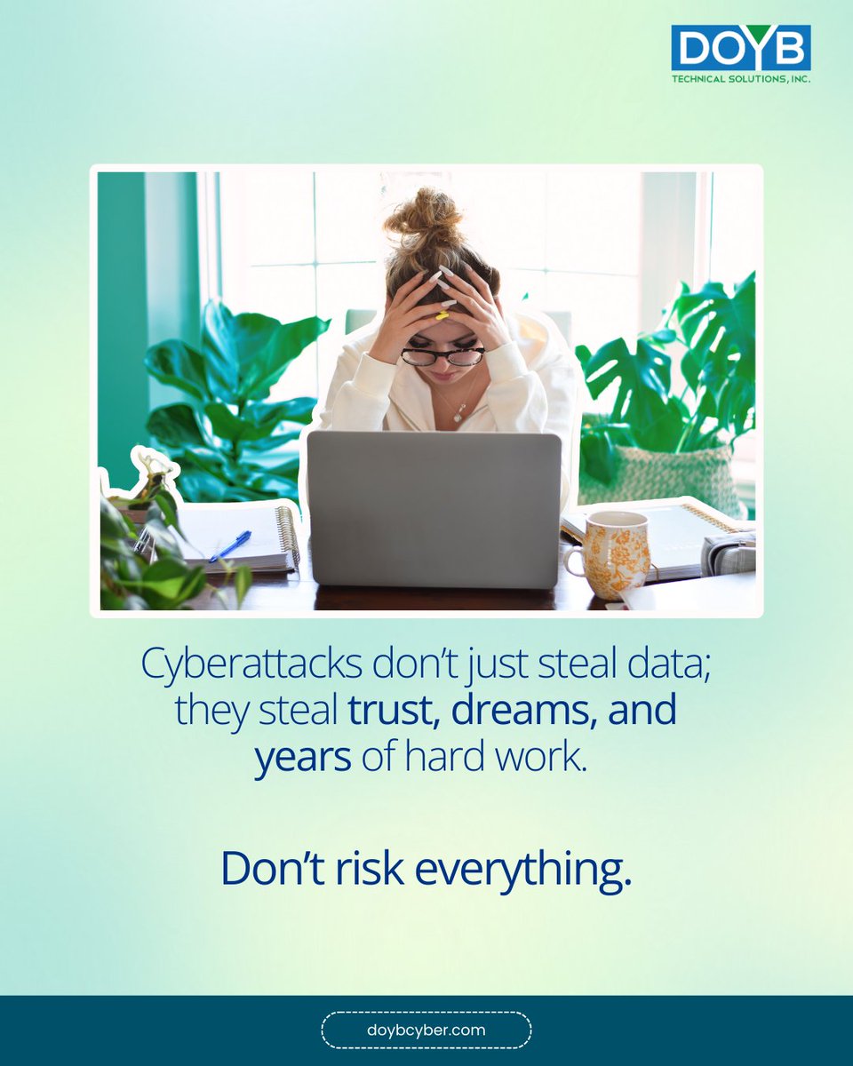 DOYBTech's tweet photo. You built your business from the ground up—late nights, countless sacrifices, and unwavering dedication. Then one morning, your email stopped working.

Customers complained, your systems are frozen, and you realized you'd fallen victim to a cyberattack.

The breach didn’t just steal your data; it shattered trust and years of your hard work.

Sadly, this story is all too common.

Lucky for you, we exist to ensure this never happens to you. Protect your business, your dream, and your legacy with proactive cybersecurity solutions.

Don’t risk everything. Learn how we can help at  https://t.co/BtAC1gM3B4 . 💻🔒

#CyberSecurity #ProtectYourBusiness #DataProtection