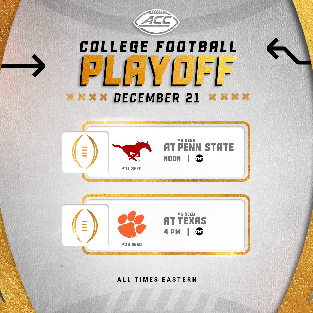 ACCFootball's tweet photo. The Mustangs make their CFP debut tomorrow in Happy Valley.
The Tigers make their 7th CFP appearance tomorrow in Austin.
𝘈 𝘭𝘰𝘵 𝘵𝘰 𝘣𝘦 𝘱𝘳𝘰𝘶𝘥 𝘰𝘧. 𝘈 𝘭𝘰𝘵 𝘭𝘦𝘧𝘵 𝘵𝘰 𝘸𝘰𝘳𝘬 𝘧𝘰𝘳. #CFBPlayoff https://t.co/XO3b80IXEj