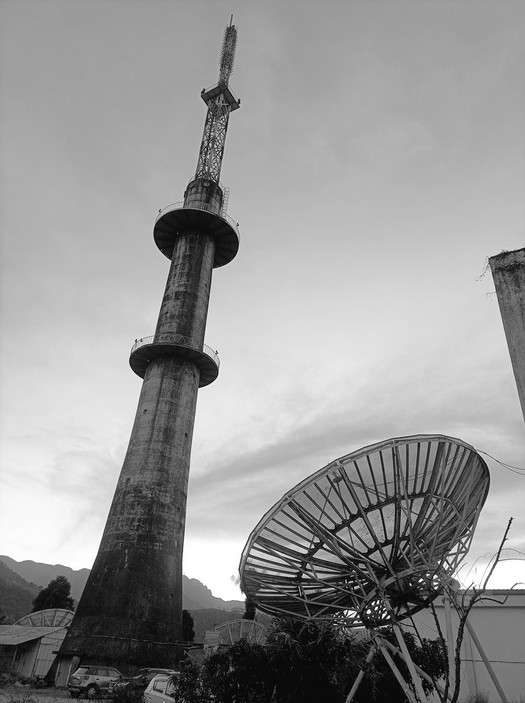 A view of the terrestrial radio tower and a downlink antenna from GSAT-10.