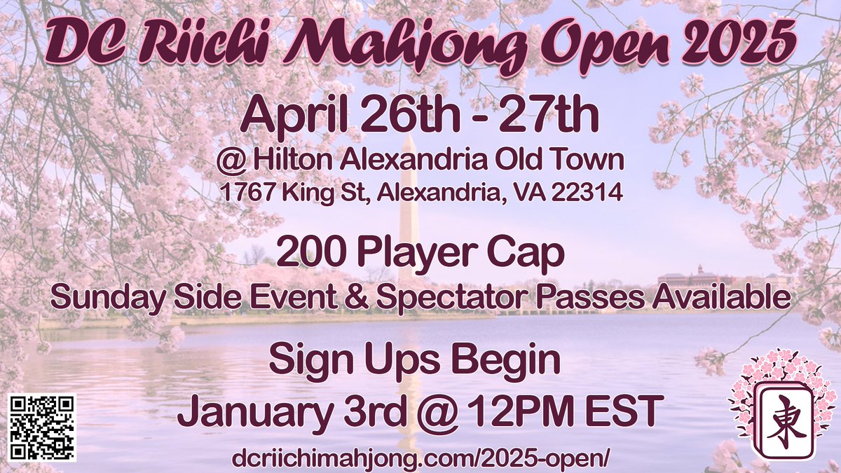 Announcing the DC Riichi Mahjong Open 2025!

dcriichimahjong.com/2025-open/