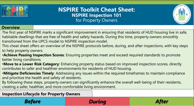 HUD REAC (@hudreac) on Twitter photo PHAs & owners who want to learn more about the inspections process can now refer to the <a href="/HUDgov/">Department of Housing and Urban Development</a> NSPIRE Inspection 101 "cheat sheet" for an overview of the NSPIRE protocols before, during, & after inspections. View here: hud.gov/program_office… PHAs & owners who want to learn more about the inspections process can now refer to the <a href="/HUDgov/">Department of Housing and Urban Development</a> NSPIRE Inspection 101 "cheat sheet" for an overview of the NSPIRE protocols before, during, & after inspections. View here: hud.gov/program_office…