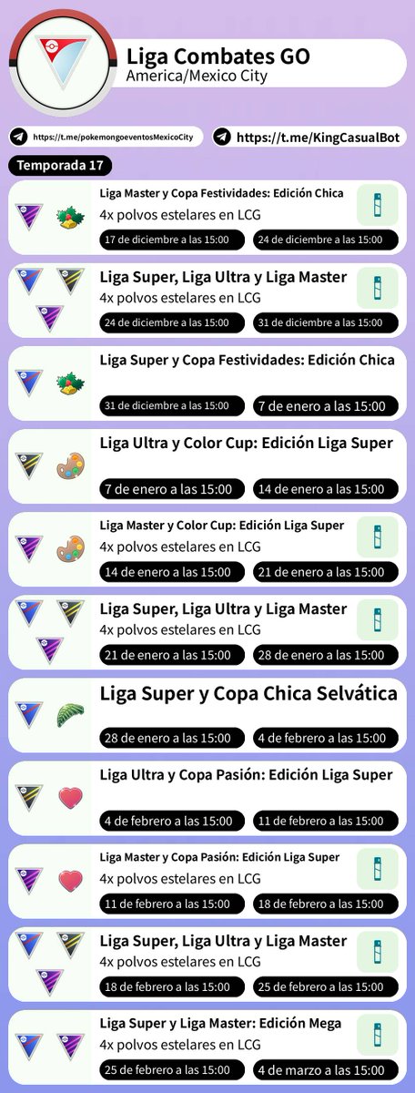 🌠 Liga Combates GO
America/Mexico City

Telegram: t.me/pokemongoevent…

#PokemonGO #Evento