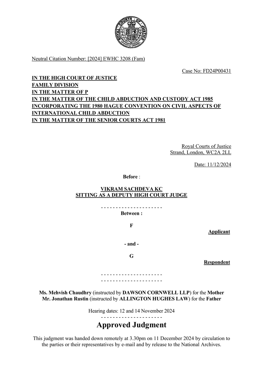Carolina Marín Pedreño and Ilona Jozwiak, instructing Mehvish Chaudhry of @Harcourt_Family, represented the mother in an application for summary return of an 11-year-old child to Poland, pursuant to the 1980 Hague Convention. Read the judgment here: bit.ly/41JIF4V