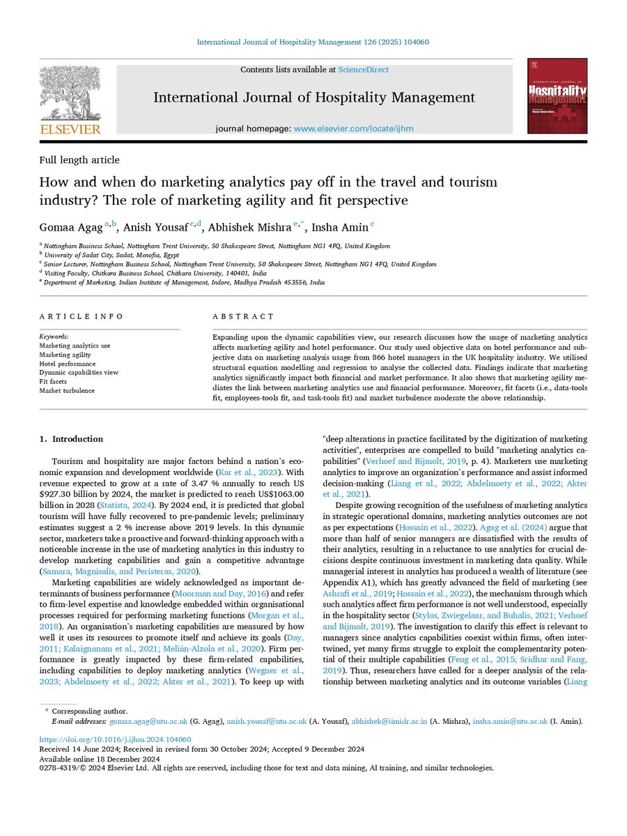 📢 New publication alert! 📚 MACS members, Dr. Gomaa Agag, Dr. Anish Yousaf &amp; Dr. Insha Amin, and their co-author share insights on #MarketingAgility #marketinganalytics on #travel &amp; #tourism industry in the #UK. Details of their findings is here👉
sciencedirect.com/science/articl…