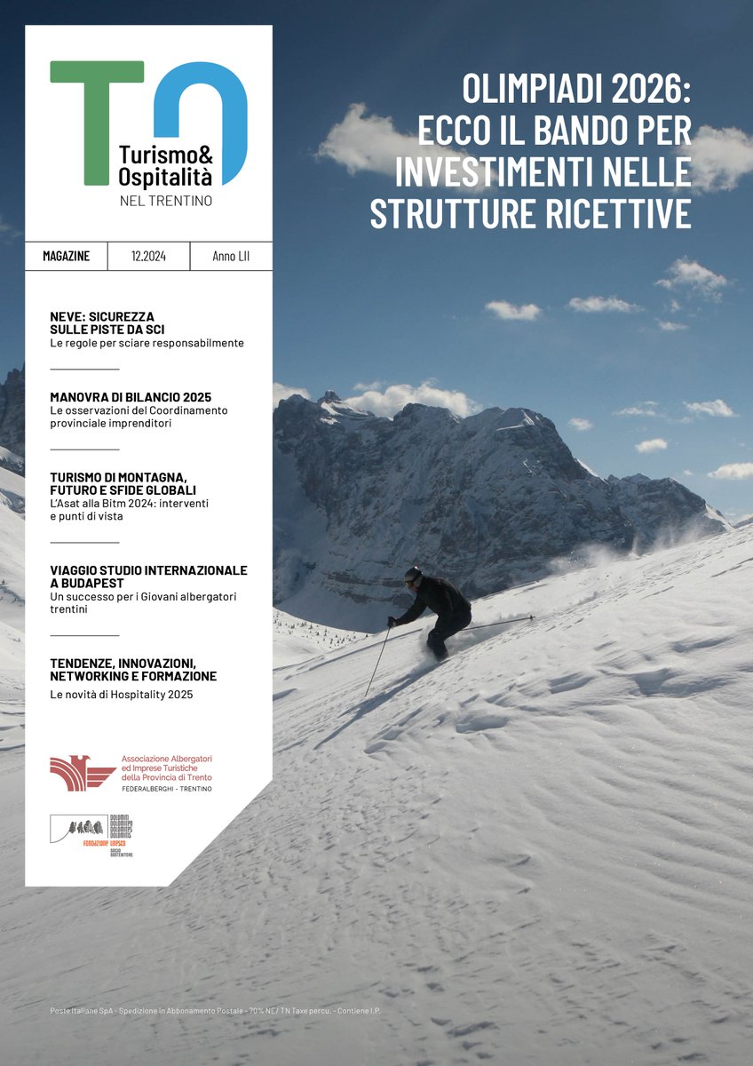 È online il numero di dicembre 2024 della rivista Turismo &amp; Ospitalità nel Trentino.  Tema del Mese: "Il terzo Bando Qualità in Trentino, in attesa delle Olimpiadi 2026 ". 👉calameo.com/read/005112092…
