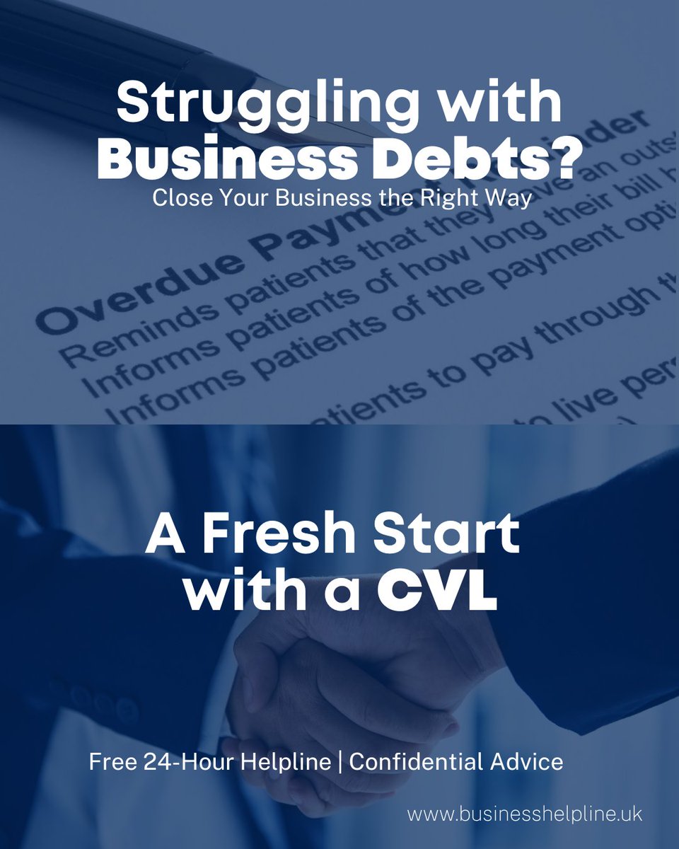 BusinessHUK's tweet photo. Struggling to keep up with debts? A CVL is a formal way to close your business, protect yourself from personal liability, and move forward.

Call our free helpline today for expert advice.

#BusinessDebt #BusinessHelp #CompanyClosure #DirectorSupport #DebtSolutions #Liquidation https://t.co/QOaAKtidxp