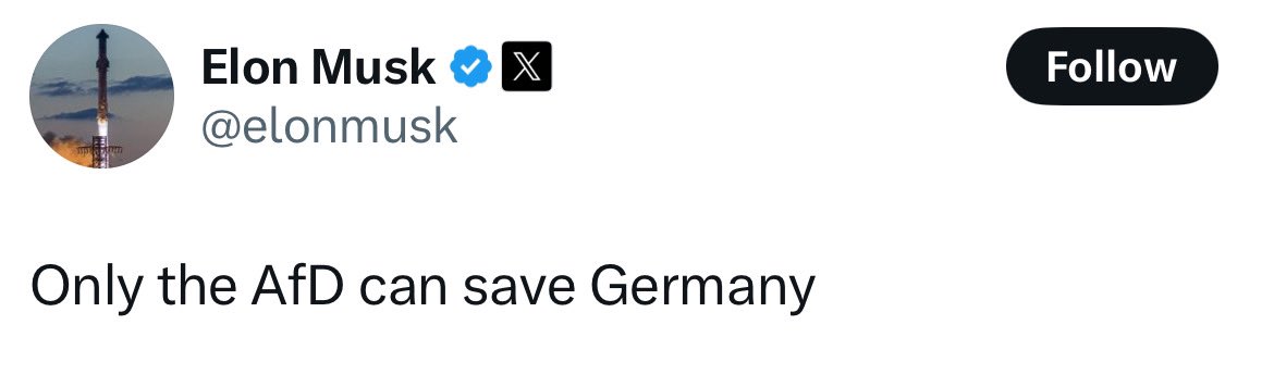 stealthygeek's tweet photo. The AfD is Germany's neo-Nazi party.

They are anti-immigration, anti-EU, and unapologetically pro-Putin. The German courts have labeled the entire party extremist.

Elon Musk has gone fully mask off. https://t.co/SgEYQDGksT