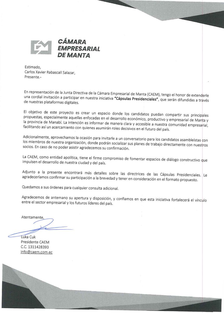 Estimado Candidato <a href="/rabascallcarlos/">Carlos Rabascall</a> ,  

Desde #CAEM nos encantaría contar con su participación en nuestras Cápsulas Presidenciales, un espacio para compartir sus propuestas con la comunidad empresarial de Manta. 

 ¡Aguardamos con interés su valiosa participación! 🇪🇨🤝