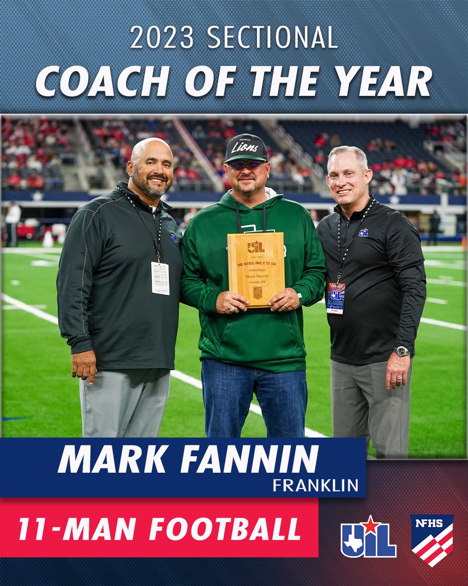 We were proud to recognize the <a href="/NFHS_Org/">NFHS</a>
Sectional Coach of the Year for 11-Man Football, Mark Fannin from <a href="/FranklinISD/">Franklin ISD</a> 🏈  Congratulations! 👏

𝘕𝘰𝘵𝘦: 𝘊𝘰𝘢𝘤𝘩 𝘰𝘧 𝘵𝘩𝘦 𝘠𝘦𝘢𝘳 𝘢𝘸𝘢𝘳𝘥𝘴 𝘳𝘦𝘧𝘭𝘦𝘤𝘵 𝘵𝘩𝘦 𝘱𝘳𝘦𝘷𝘪𝘰𝘶𝘴 𝘢𝘤𝘢𝘥𝘦𝘮𝘪𝘤 𝘺𝘦𝘢𝘳, 𝘢𝘴