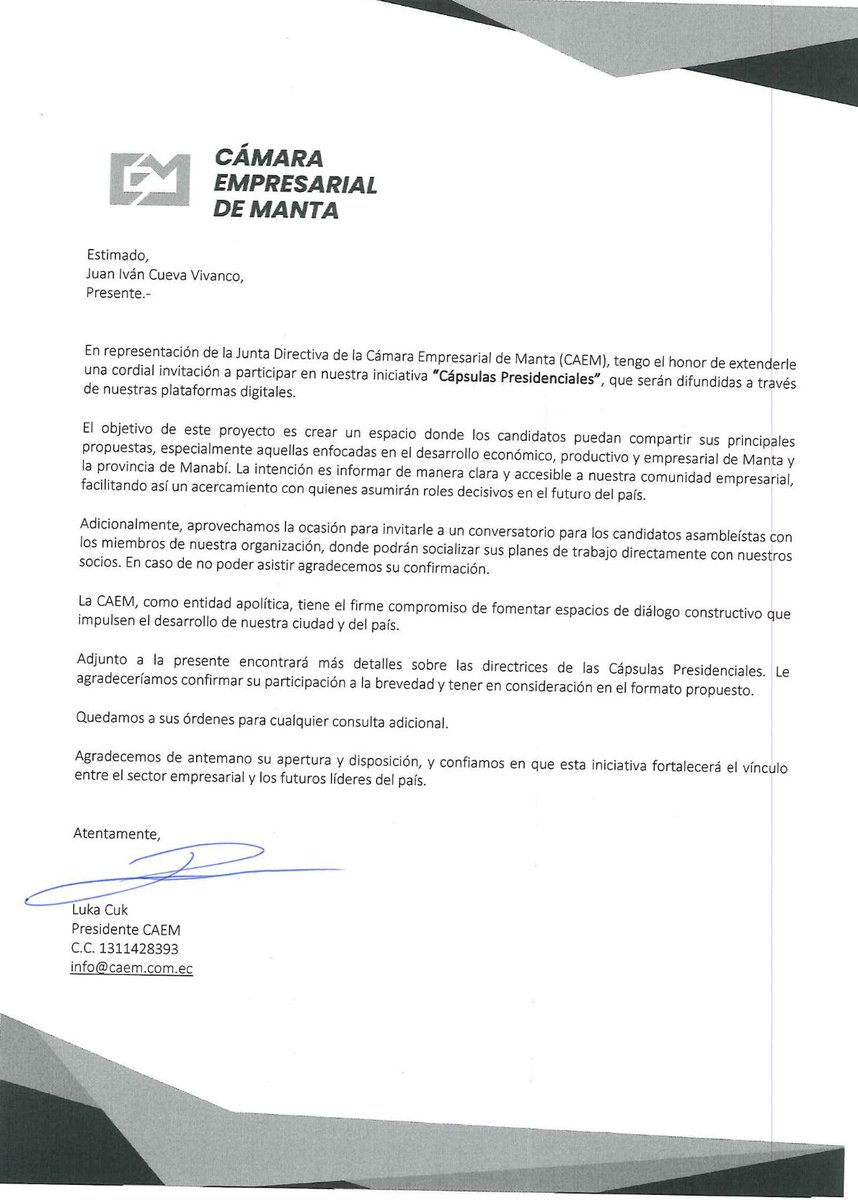 Estimado Candidato <a href="/JuanIvanCuevaEc/">Juan Ivan Cueva</a> ,  

Desde #CAEM nos encantaría contar con su participación en nuestras Cápsulas Presidenciales, un espacio para compartir sus propuestas con la comunidad empresarial de Manta.  

¡Aguardamos con interés su valiosa participación! 🇪🇨🤝