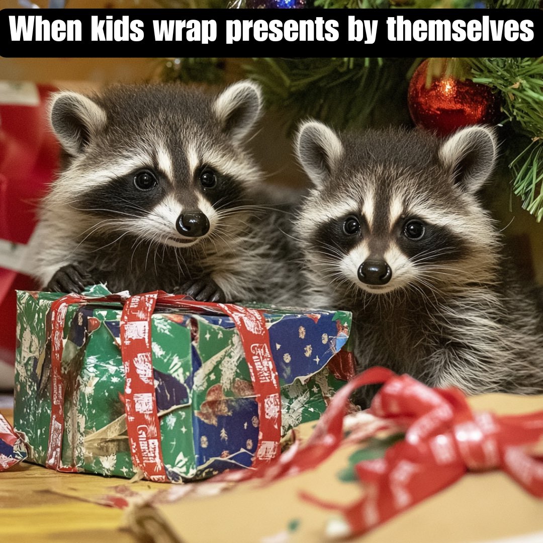 genartbyai's tweet photo. When the effort is 10/10, but the executionโฆ not so much. ๐ฆ๐๐ Who else appreciates the chaos of kid-wrapped presents? ๐โจ #AIArt #RaccoonLove #DigitalArt #HolidayHumor #ChristmasVibes #GiftWrappingFails #AIArtist #ArtCommunity #CutenessOverload #cuteanimals #CutenessOverloaded