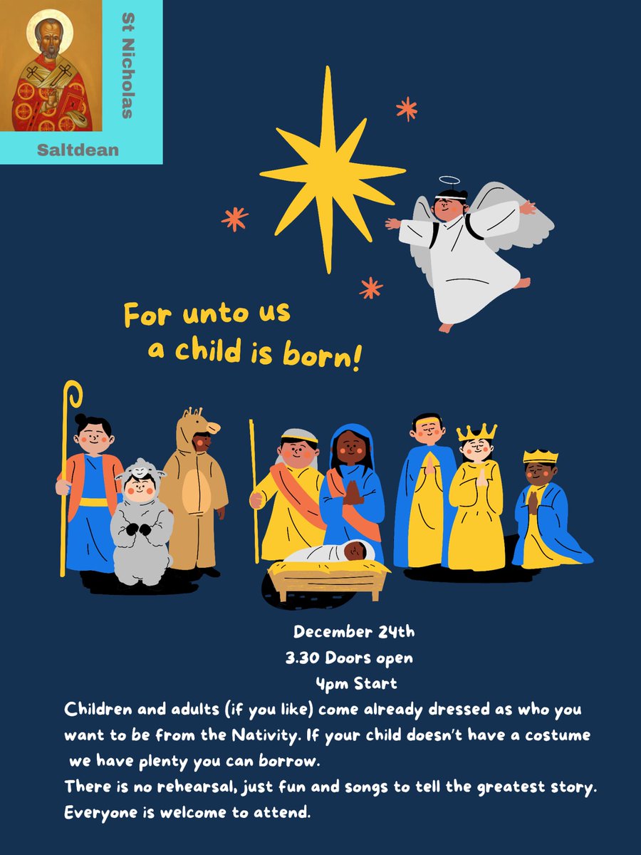 CFWStNicholas's tweet photo. @StNicholasChur3 
St Nicholas Church Saltdean 

Christmas Eve 
4pm Pop up Nativity 
11pm Christmas Communion Service 

Christmas Day 
10.30 Christmas morning service https://t.co/tu6PiSgLTg