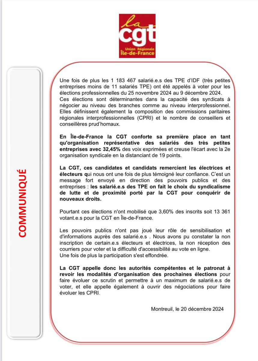 En île de France la CGT reste première organisation syndicale dans les TPE  #TPE2024 #CGT #URIFCGT