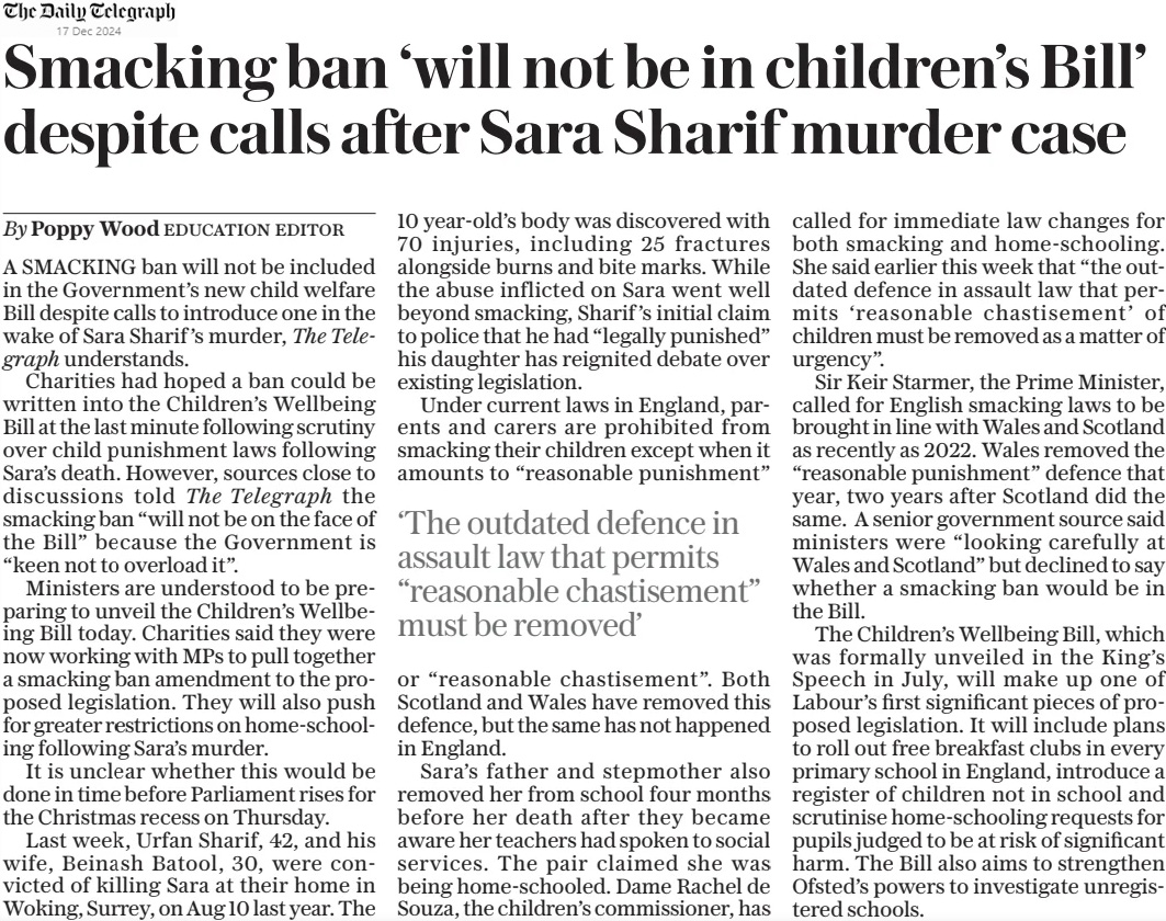 BeReasonableEng's tweet photo. “A senior government source said ministers were ‘looking carefully at Wales and Scotland’ but declined to say whether a smacking ban would be in the Bill.”
@dailytelegraph #smacking https://t.co/kzQ7yvTwJO