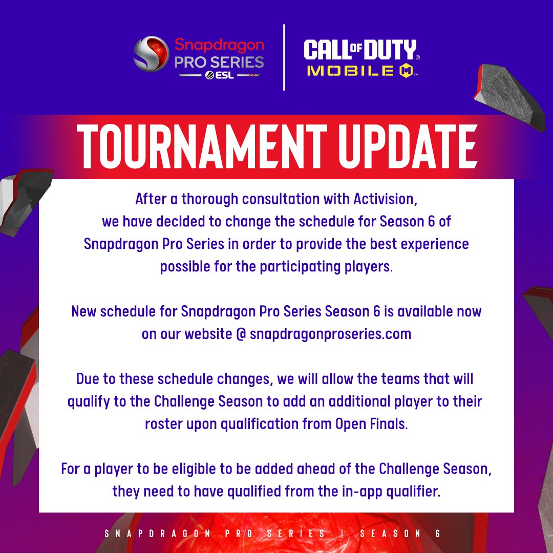 🚨 IMPORTANT update regarding Snapdragon Pro Series Season 6

#SnapdragonProSeries #CoDMobile