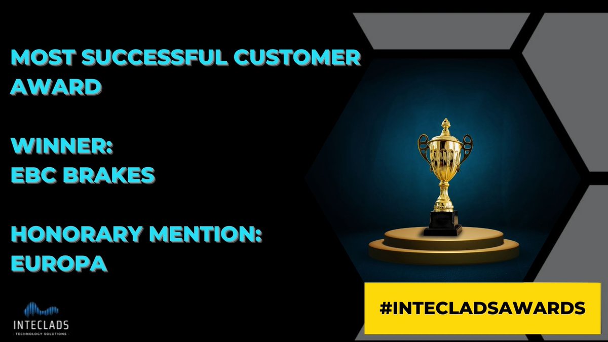 Inteclads's tweet photo. Most Successful Customer Award 
This award celebrates the remarkable achievements of a customer who has demonstrated exceptional success within their unique market, excelling in their product category, services and price point. 

WINNER:  @ebcbrakes 

Honorary Mention: Europa PLC https://t.co/uRyKRnMBAD