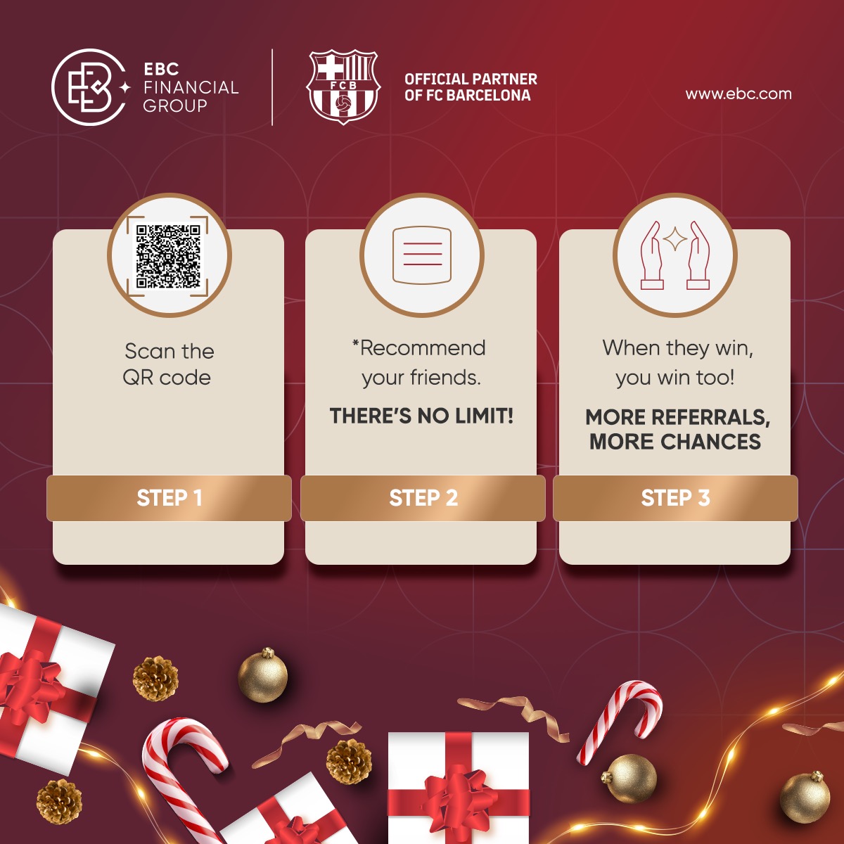 EBCGROUP_Global's tweet photo. 🎄 FINAL call to win BIG with #EBCFinancialGroup’s Christmas Giveaway! 🎁
Prizes up for grabs:
- FC Barcelona ⚽ gear
- Gift 🎁 cards
- TradingView Premium ✨ Access
Wanna supercharge your chances? Simply 1️⃣ Scan, 2️⃣ Refer, & 3️⃣ Win!
#EBC #AllIWantIsEBC #EBCommunity https://t.co/dEoFQ8JEvM