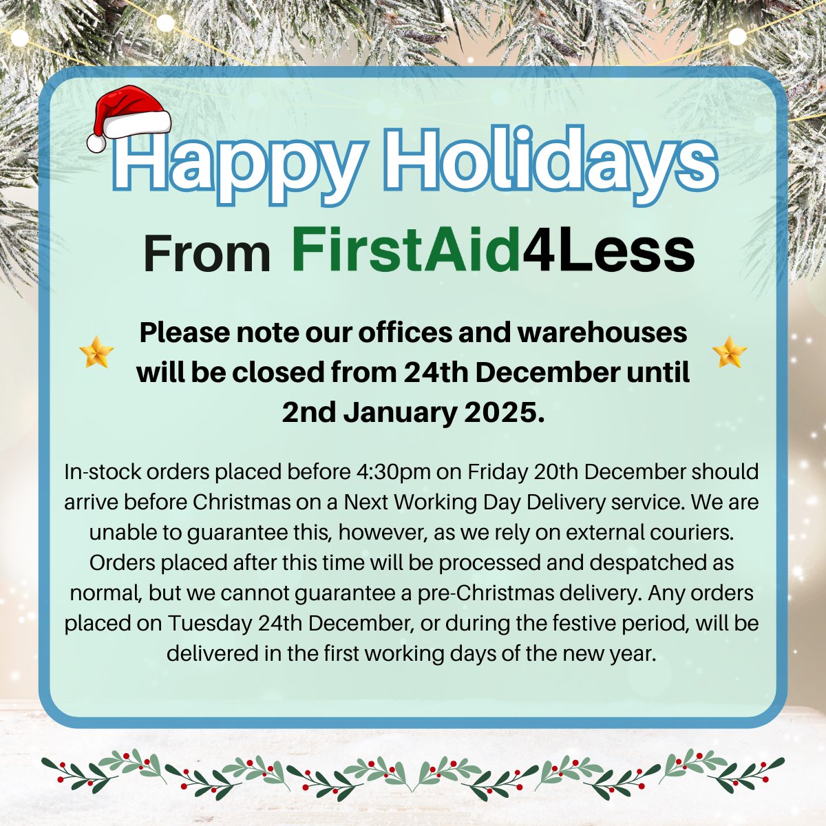 FirstAid4LessUK's tweet image. 🎄✨ Christmas Update from FirstAid4Less ✨🎄
As the festive season approaches, here’s everything you need to know about our holiday operations!

Thank you for choosing FirstAid4Less - wishing you a Merry Xmas &amp;amp; a Happy New Year! 🎉

#FirstAid4Less #ChristmasUpdate #Christmas2024