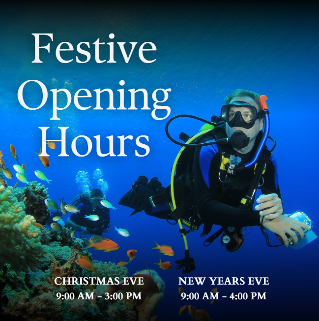 We have a slight change to our opening times over the festive period! 

We will be open our usual hours of 9am–6pm (omitting bank holidays), except Christmas Eve and New Year's Eve⬇️

🤿Christmas Eve: 9am–3pm
🤿New Year's Eve: 9am-4pm
