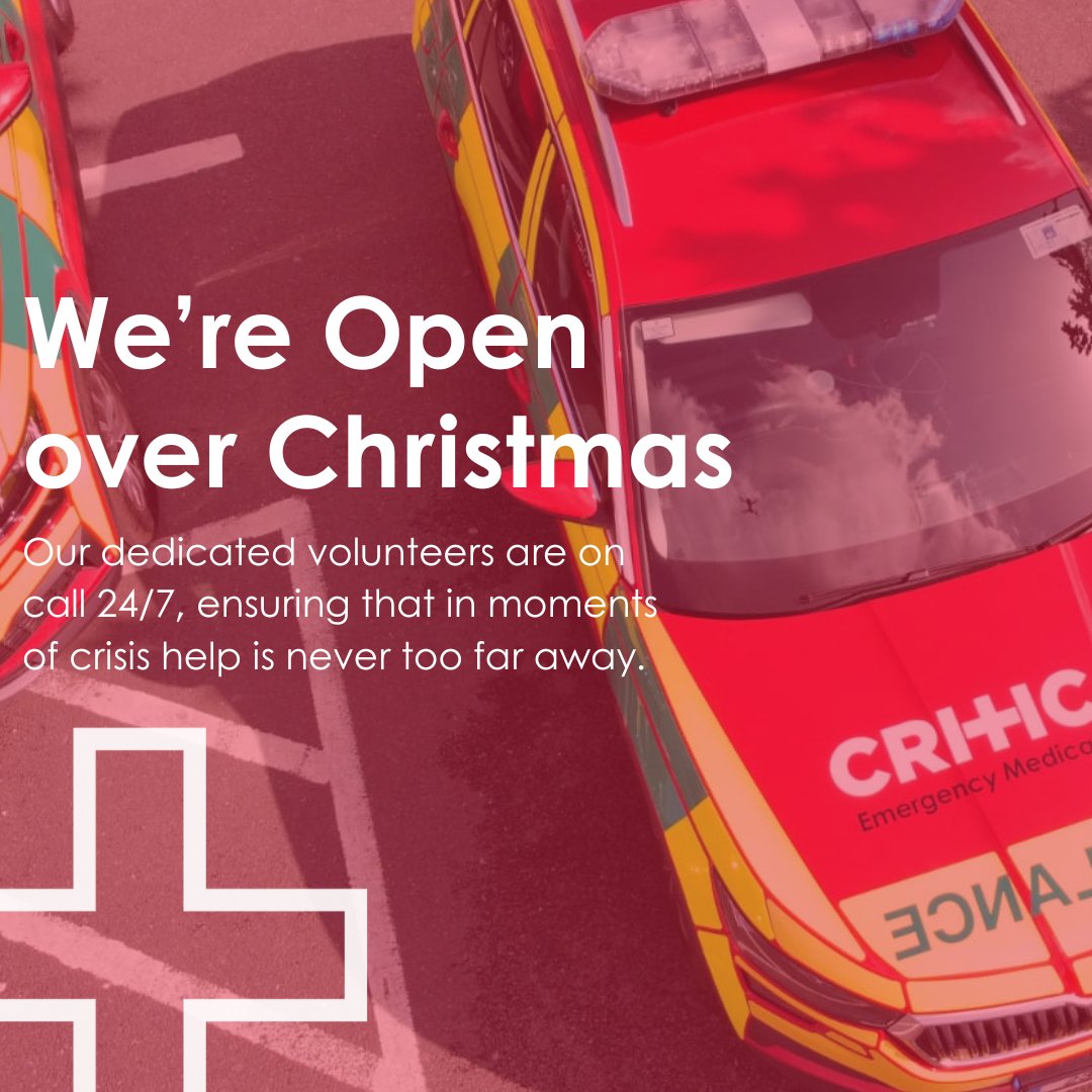 As people wind down for the Christmas period, CRTICAL's doors will remain open and our Community First Responders will remain ready to respond. Ready to save lives.

Wishing you all a safe and happy Christmas.

#CRITICALCharity #Charity #CFR #Volunteers