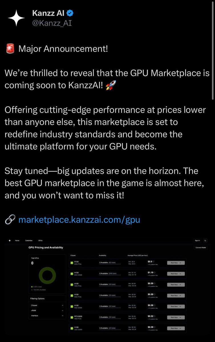 Bitcoinhabebe's tweet photo. $KAAI just revealed a GPU marketplace that will redefine industry standards & become the ultimate platform for GPU needs. 

As a result $KAAI Is FLYING! It is now sitting close to 500% from entry 🔥! 

This is just the beginning as @Kanzz_AI has much more to come & huge potential.

Not even on any CEX Yet.