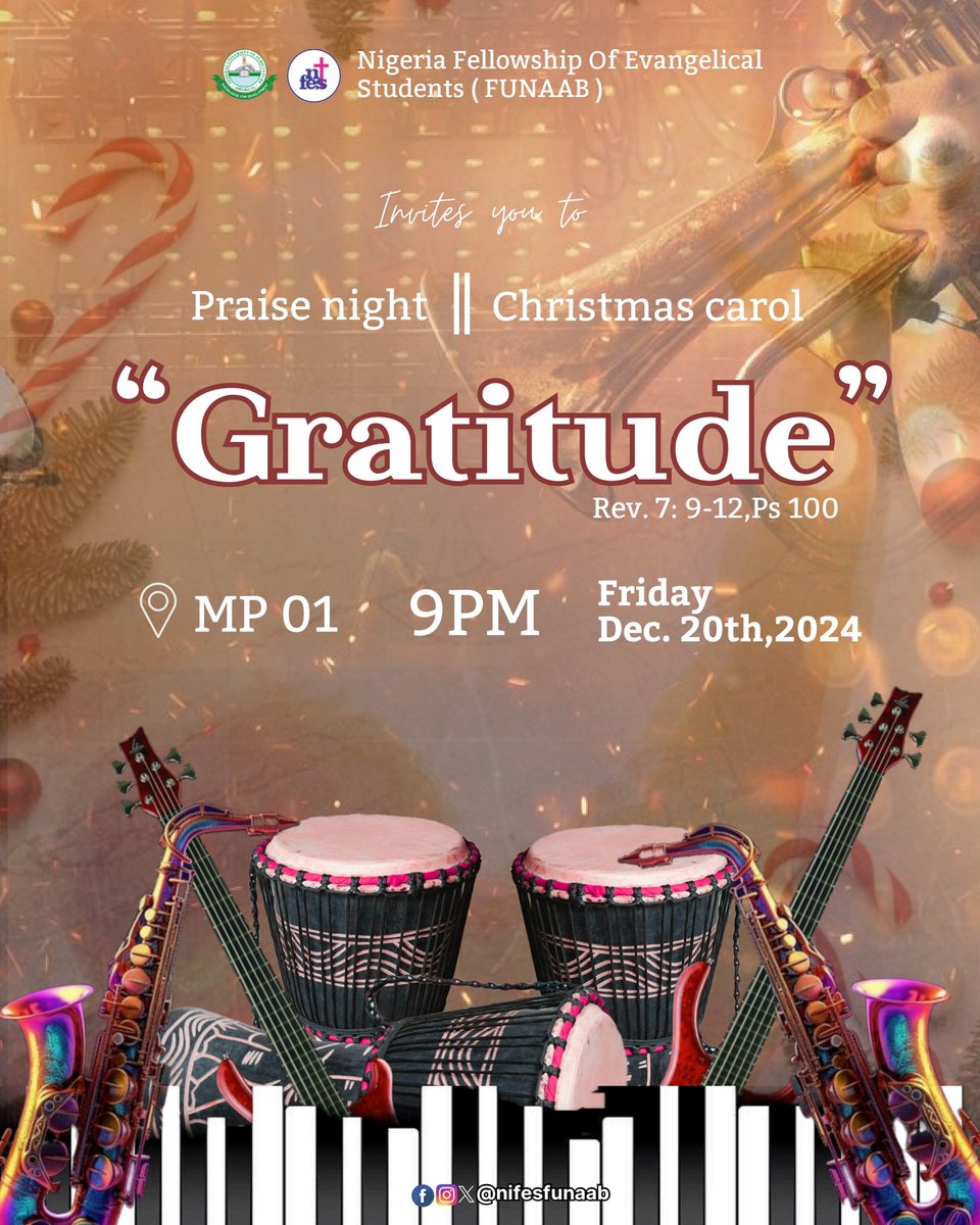 _Nifesfunaab's tweet photo. Are you ready to show how greatful you are to God ?
Join us tonight to show that moment of appreciation.
Come in your dancing shoes 👟
#Gratitude #praisenight
#nifesfunaab #nifes #nifesnational #nifesian #adelphos #pubsecfunaab #deeV #funaab #funaabites https://t.co/wTR3RYCMJC