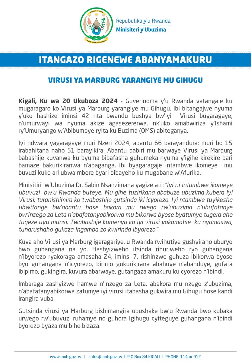 Ministry of Health | Rwanda (@rwandahealth) on Twitter photo Guverinoma y’u Rwanda yatangaje ku mugaragaro ko Virusi ya Marburg yarangiye mu Gihugu. Ibi bitangajwe nyuma  y’uko hashize iminsi 42 nta bwandu bushya bw’iyi Virusi bugaragaye,  n’umurwayi wa nyuma akize agasezererwa, nk’uko amabwiriza y’Ishami  ry’Umuryango w’Abibumbye ryita ku Guverinoma y’u Rwanda yatangaje ku mugaragaro ko Virusi ya Marburg yarangiye mu Gihugu. Ibi bitangajwe nyuma  y’uko hashize iminsi 42 nta bwandu bushya bw’iyi Virusi bugaragaye,  n’umurwayi wa nyuma akize agasezererwa, nk’uko amabwiriza y’Ishami  ry’Umuryango w’Abibumbye ryita ku