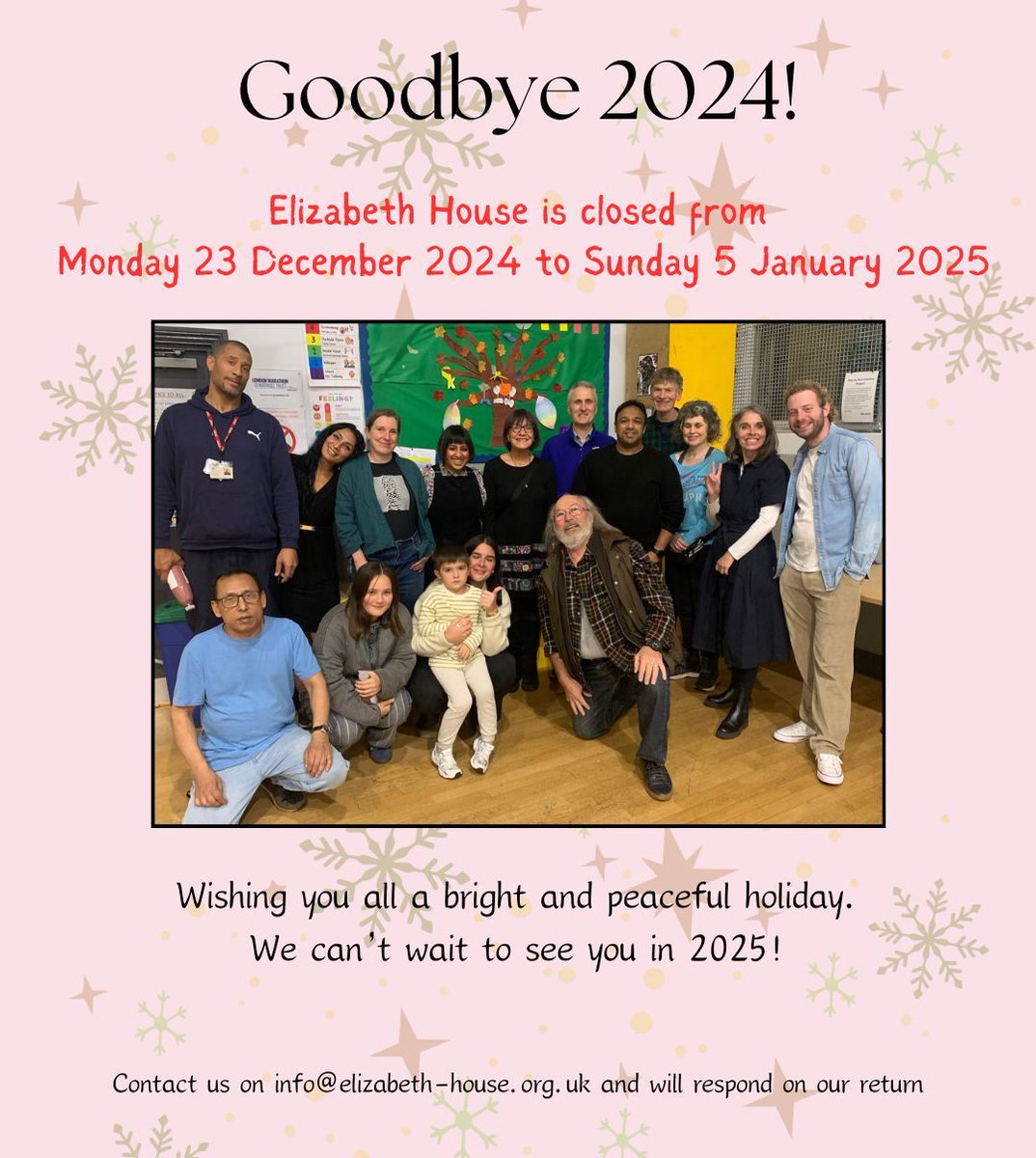 Elizabeth House Community Centre will be closed for the holidays from Mon 23 December to Sun 5 January 2025.

Wishing everyone a joyous festive season and a happy, healthy New Year. 

Big thank you to our team, trustees, volunteers, partners, members and friends.

#NewYear #2025