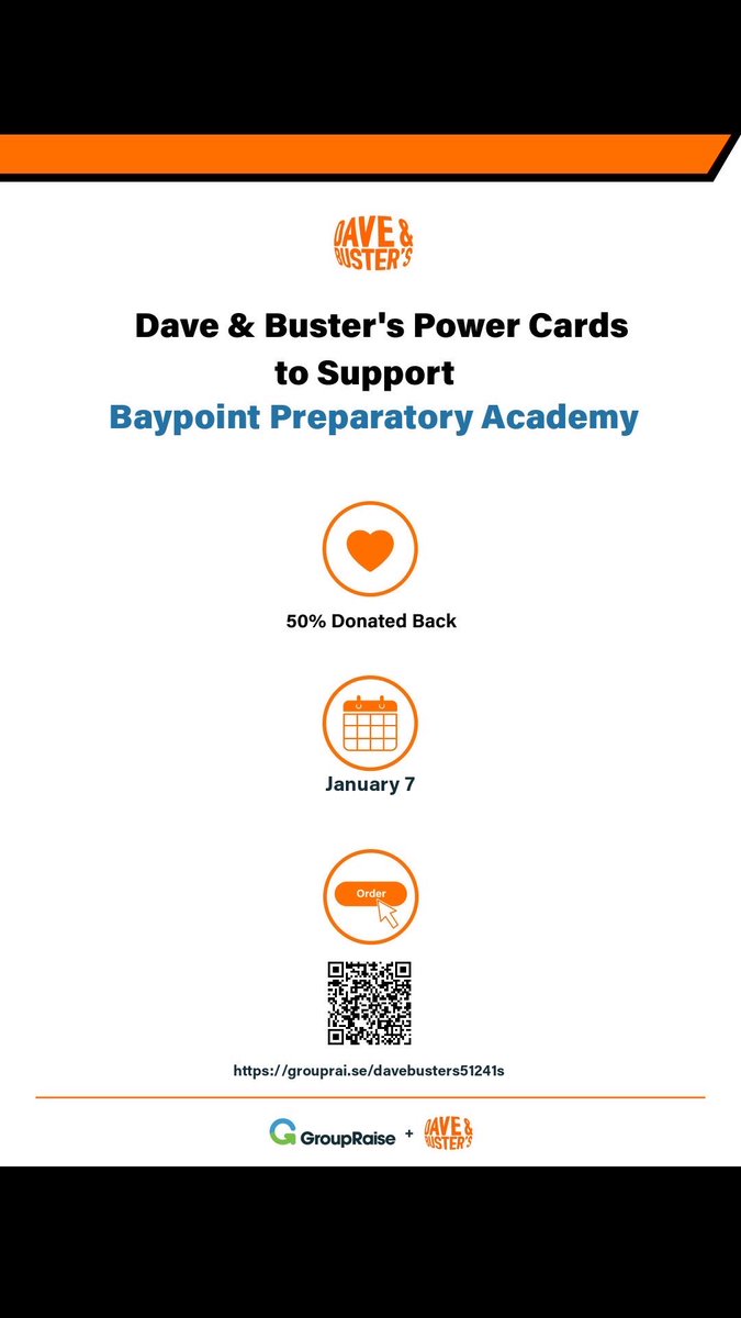 BaypointAcademy's tweet photo. Ready..Set..Play!🚦Baypoint Preparatory Academy is excited to launch our Dave &amp; Buster’s Fundraising Campaign! Get a $20 Power Card, and 50% of your purchase will be donated to Baypoint Preparatory Academy! 🕹️ #baypointprepacademy #daveandbusters #groupraise https://t.co/4UeMOsgSWu