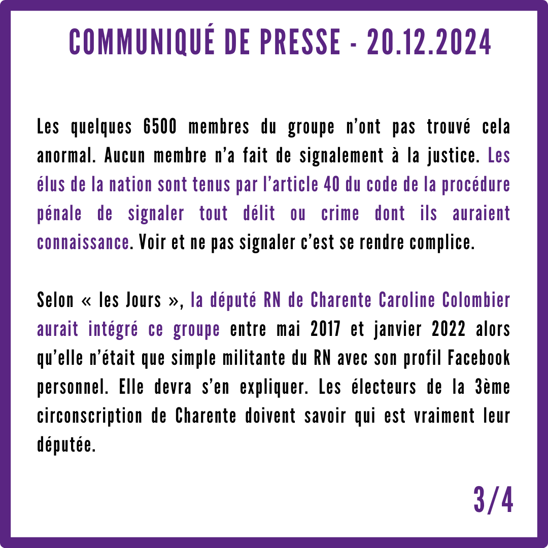 LFI_Charente's tweet photo. Communiqué de presse de La France insoumise Charente au sujet de l'article "Racisme et appels au meurtre : 15 députés RN dans un groupe Facebook privé nauséabond" du média @Lesjoursfr mentionnant @CColombier_RN. https://t.co/0R5FrcCQ9Z