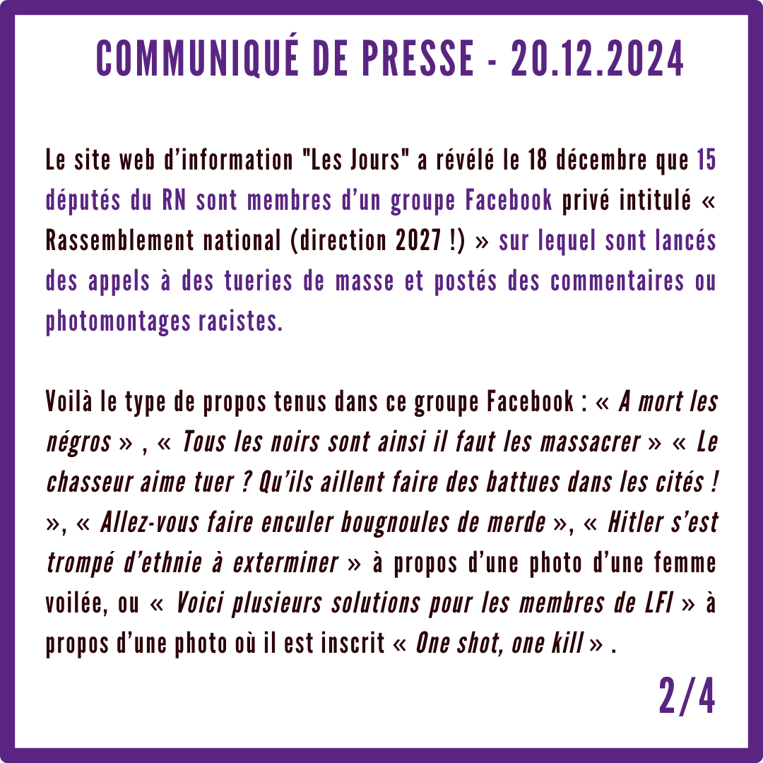 LFI_Charente's tweet photo. Communiqué de presse de La France insoumise Charente au sujet de l'article "Racisme et appels au meurtre : 15 députés RN dans un groupe Facebook privé nauséabond" du média @Lesjoursfr mentionnant @CColombier_RN. https://t.co/0R5FrcCQ9Z