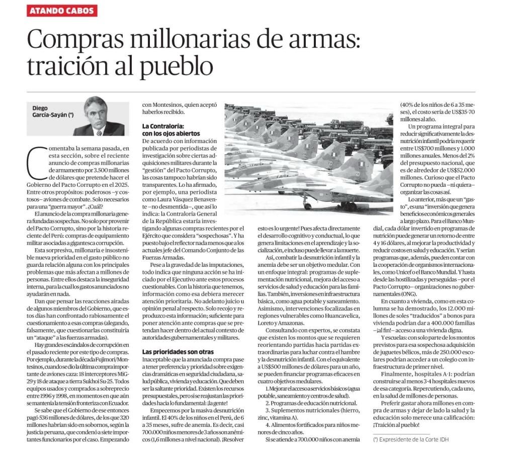 Mi artículo publicado en @larazon_pe, respondiendo a Diego García Sayán y a su narrativa caviar, que traicionando a la patria, se opone a la compra de aviones y de armamento militar que fortalezca nuestra capacidad disuasiva, por la defensa nacional del Perú.