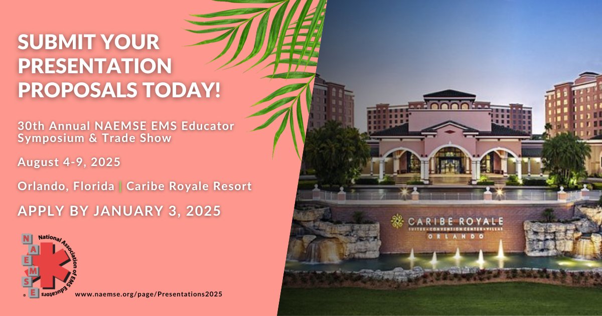 Time is running out to submit your presentations for NAEMSE 2025! We're headed to Orlando, FL, August 4-9, 2025, and want inspiring #EMS educators to join us. Ready to share your expertise? Submit your proposal today!  Apply now: naemse.org/page/Presentat…
Deadline: Jan 3, 2025